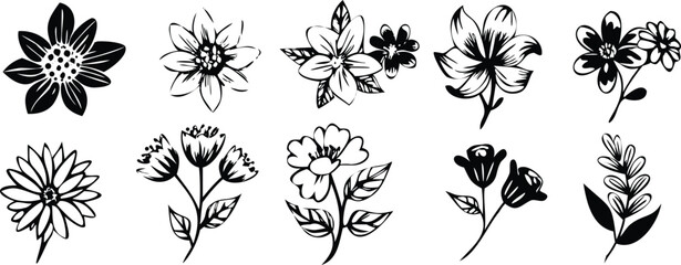 A series of black and white flowers are drawn in a line