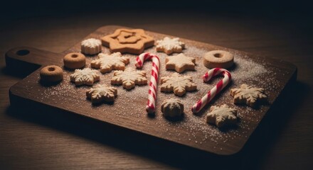 Rustic Wooden Board With Christmas Snowflake Cookie And Candy Cane Dessert For Winter Holiday Baking