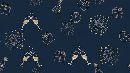 Elegant New Year Celebration Pattern with Champagne Fireworks on Dark Blue Background