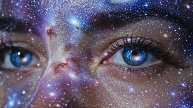 The image is a close-up of a person's face, with a galaxy-like effect overlaid on their skin and eyes. The eyes are bright blue and seem to reflect the starry sky.