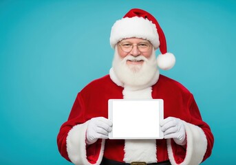 Santa Claus Tablet Holding Blank Screen Mockup Christmas Turquoise Background Copy Space Technology Smile