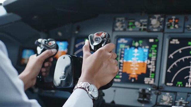 A person's hands are gripping the control yokes in an airplane cockpit, with flight instruments visible in the background. The image focuses on the pilot's actions during flight.