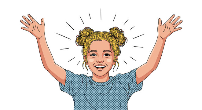 Cheerful young girl with blonde hair buns and a big smile raising her hands in excitement on a clean white background.