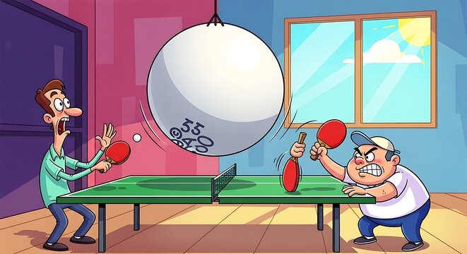 Two Men Playing Table Tennis With A Giant Ping Pong Ball.