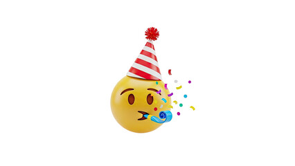 3D Emoji celebrating with party hat and noisemaker, confetti on transparent background