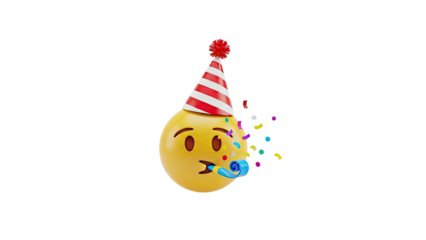 3D Emoji celebrating with party hat and noisemaker, confetti on transparent background