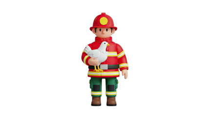 3D Firefighter Holding a Chicken on transparent background