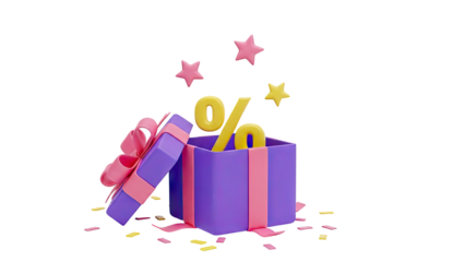 3D Gift Box with Percentage Symbol and Stars on transparent background