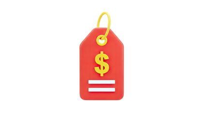 3D Red Price Tag with Dollar Sign and Yellow Loop on transparent background