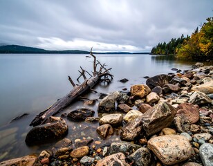 Serene lakeside scene with a fallen tree trunk, rocky shore, and distant evergreen trees under a cloudy sky