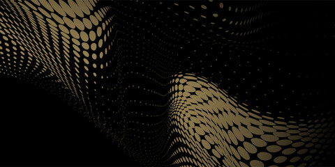 Flowing dot particles wave pattern 3D curve black and white gradient light isolated on black background. Vector in concept of technology, science, music.