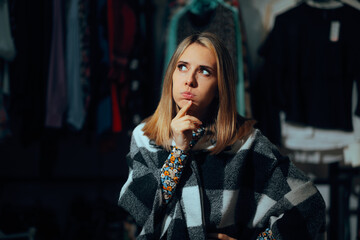 Woman in Clothing Store Thinking What to Buy. Curious buyer feeling undecided about what to purchase 