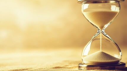 A clear glass hourglass stands on sand, its fine grains steadily flowing from the upper chamber to the lower