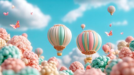 Obraz premium Colorful Hot Air Balloons Among Tiny Butterflies