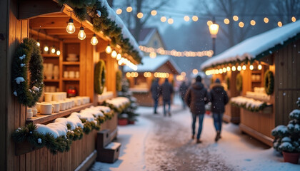 Charming winter market with festive stalls and lights for Epiphany celebration, snowy ambiance, copy space
