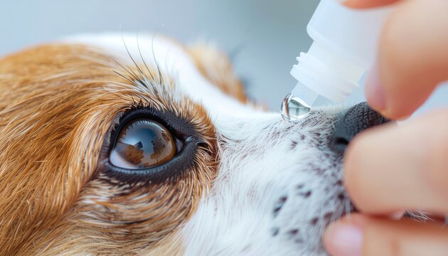 Dog Receiving Eye Drops from Owner. Pet Care & Self-Care Rituals. An unidentifiable person's hand gently holding the muzzle of a dog while carefully administering unbranded eye drops .
