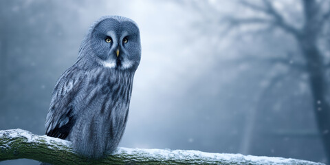 Bird tree branch snowfall north owl wildlife animal winter snow snowy forest nature wild animal perched sitting watching alert eye head beak feather habitat natural light outdoors background white