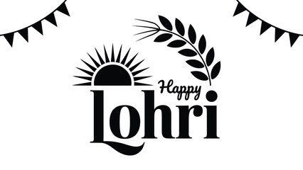 Happy lohri black and white minimalist typography with sun rays wheat branch and festive bunting illustration for punjabi indian harvest festival design © Zavivec