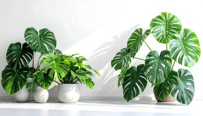 Several large green plants with uniquely shaped leaves are potted in white and brown containers against a white wall