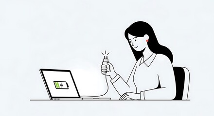 Woman plugging in laptop charger due to low battery power.