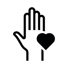 An icon of a hand with a heart symbol, representing care and support for others in various situations and activities.