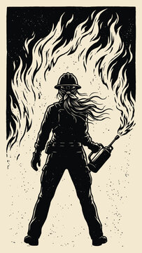 Graphic Illustration of Female Wildland Firefighter with Blowtorch