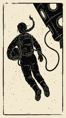 Retro Woodcut Style Illustration of Female Astronaut in Space © 777SKYLABS