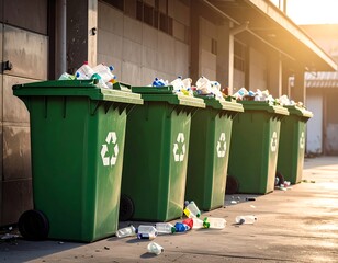 Several large green recycling bins overflowing with plastic bottles. Sunlight streams in, illuminating the scene and the ground