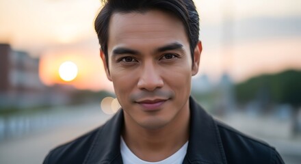 Fototapeta premium Handsome Asian man looking directly at camera with sunset in background.
