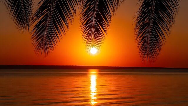 Serene tropical sunset on a calm ocean with palm trees silhouetted against vibrant orange sky - Powered by Adobe