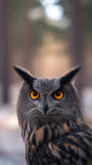 Naklejka premium Horned owl wildlife bird animal predator hunter nocturnal night watching alert eye head beak feather ear majestic forest nature wild habitat perched branch tree natural light outdoors portrait