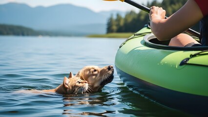 Dog swimming alongside a kayak on a serene lake with a person paddling in a peaceful natural setting on a sunny day