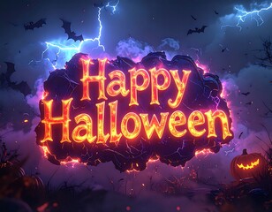 Spooky scene with illuminated "Happy Halloween" text and bats