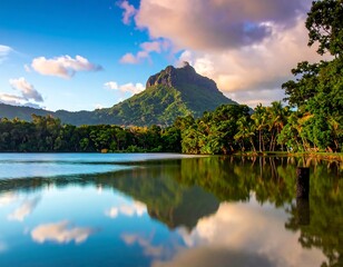 Serene landscape depicts calm lake reflecting mountain & lush trees under a dramatic, colorful sky. Peaceful ambiance and natural beauty