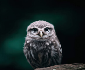 Obraz premium Little owl cute owlet bird juvenile wildlife fluffy animal nature forest branch perched sitting watching peaceful eye head beak feather brown white natural light outdoors habitat portrait