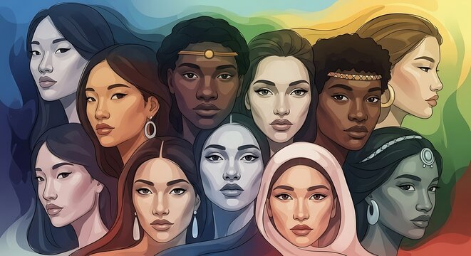 Artistic illustration of diverse women celebrating multicultural unity and beauty.