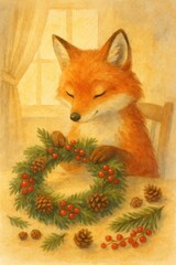 Obraz premium Charming fox crafting a festive wreath with pinecones and berries in cozy setting