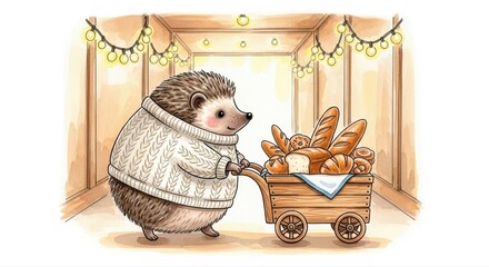 Cozy hedgehog shopping for fresh breads in a charming bakery setting