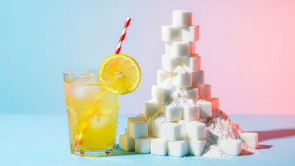 Fresh lemonade with lemon slice and straw beside a tall pyramid of sugar cubes, symbolizing sweetened drinks and sugar consumption.