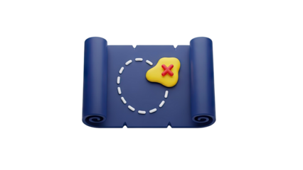 3D Treasure Map with X Marks the Spot Icon on transparent background