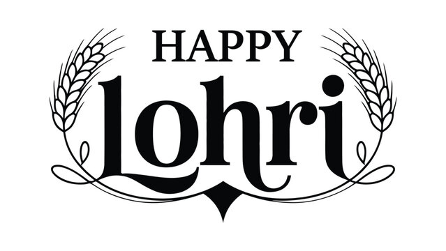 Happy lohri elegant typography design with wheat ears and decorative elements in black and white minimalist style for punjabi indian harvest festival celebration
