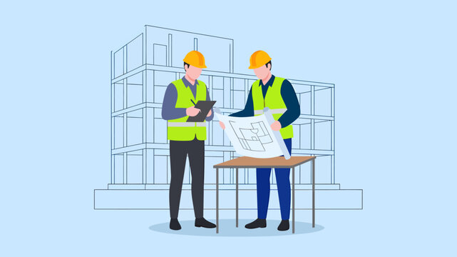 Two construction workers in yellow hard hats and vests discussing blueprints at a table with a building outline in the background.