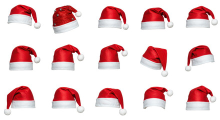 Festive Santa Hats Display: A collection of vibrant Santa Claus hats, each showcasing the iconic red and white design. These festive hats, symbols of holiday spirit, are arranged in a dynamic array.