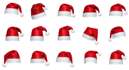 Festive Santa Hats Display: A collection of vibrant Santa Claus hats, each showcasing the iconic red and white design. These festive hats, symbols of holiday spirit, are arranged in a dynamic array. 