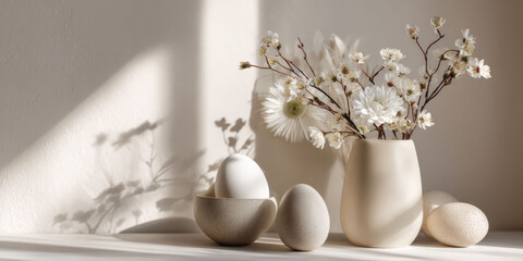 Neutral Easter interior scene with ceramic eggs and flowers, styled in modern Scandinavian home decor with soft shadows and calm spring atmosphere