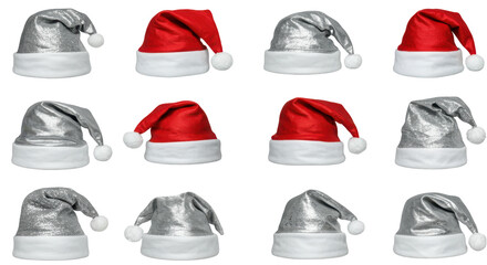 Holiday Hat Array: A colorful arrangement of festive Santa hats, presenting a vibrant display of holiday cheer. Reflecting the spirit of Christmas, the collection showcases a classic festive staple.