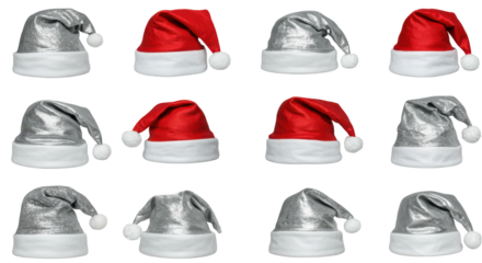 Holiday Hat Array: A colorful arrangement of festive Santa hats, presenting a vibrant display of holiday cheer. Reflecting the spirit of Christmas, the collection showcases a classic festive staple.