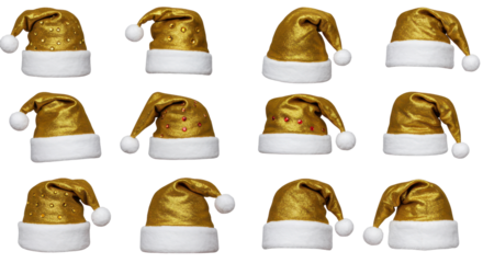 Golden Festive Hats: An array of golden Santa hats, adorned with a fluffy white trim and a playful pompom, arranged in an appealing pattern. Symbol of the season's magic, waiting to spread joy.