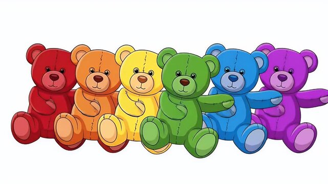 Group Of Rainbow Color Teddy Bears Sitting Together Playful And Happy