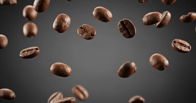 Floating coffee beans against a dark background, showcasing their texture and color